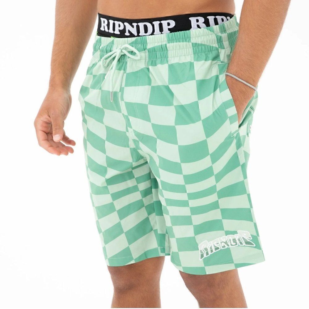 Ripndip Checked Swim Shorts Olive Pine Green Mens Size L NEW Boardshorts
